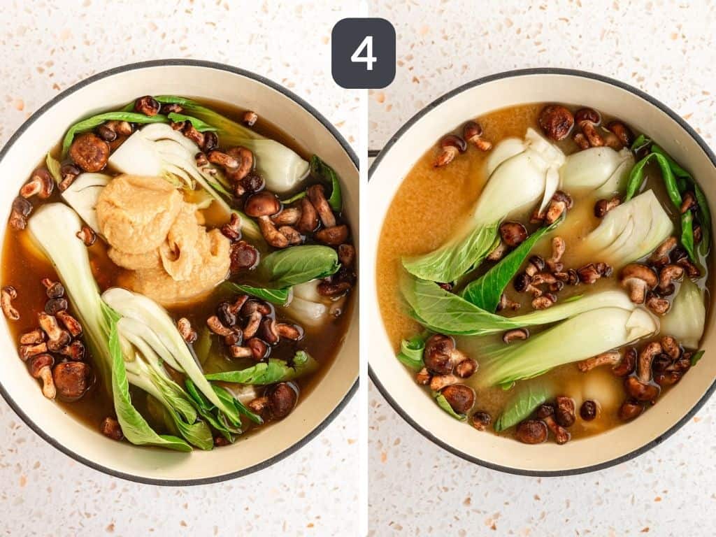 Miso soup with bok choy step 4 - add the miso to the pot.