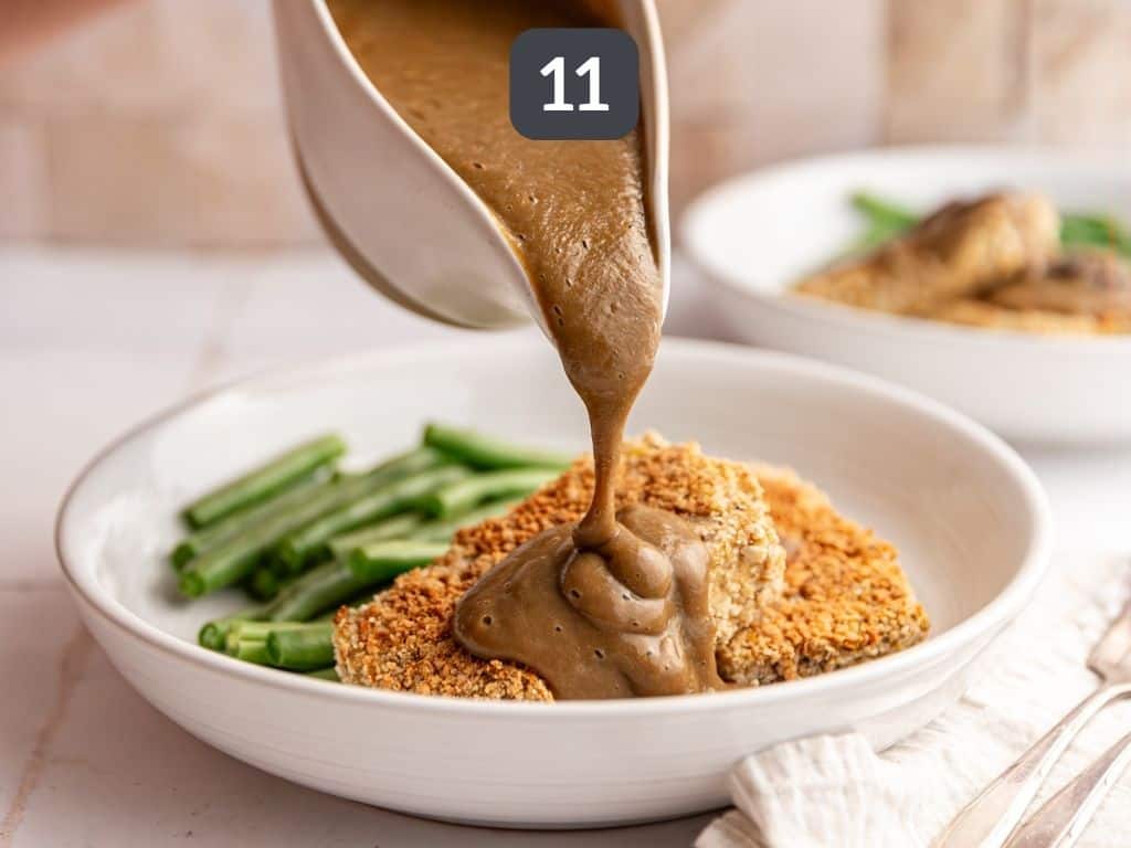 Tofu with mushroom gravy step 11 - mushroom gravy poured onto tofu.