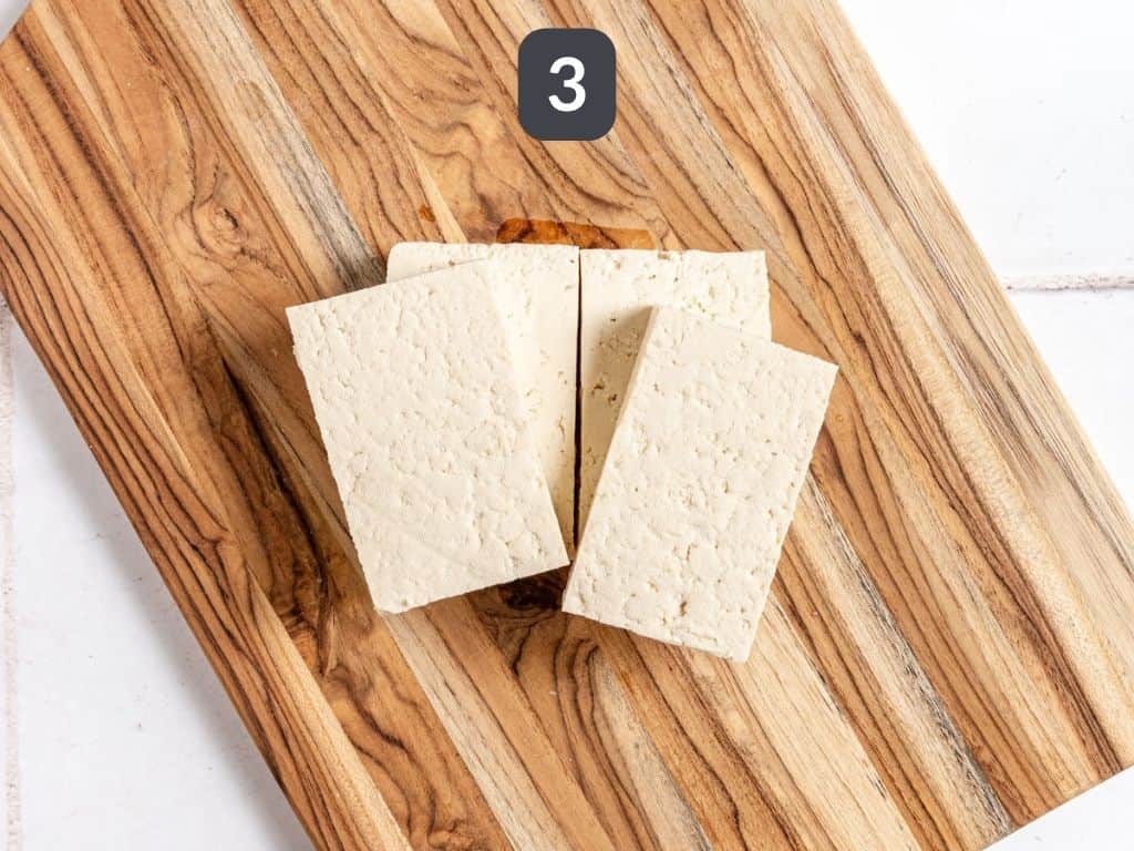Tofu with mushroom gravy step 3 - slice the tofu