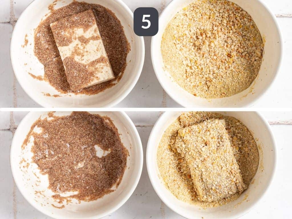 Tofu with mushroom gravy step 5 - bread the tofu.