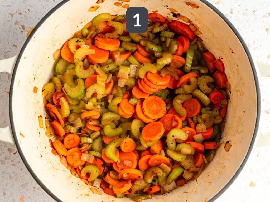 Vegan Chicken Lemon Rice Soup Step 1 - sauté the onion, carrot, and celery.