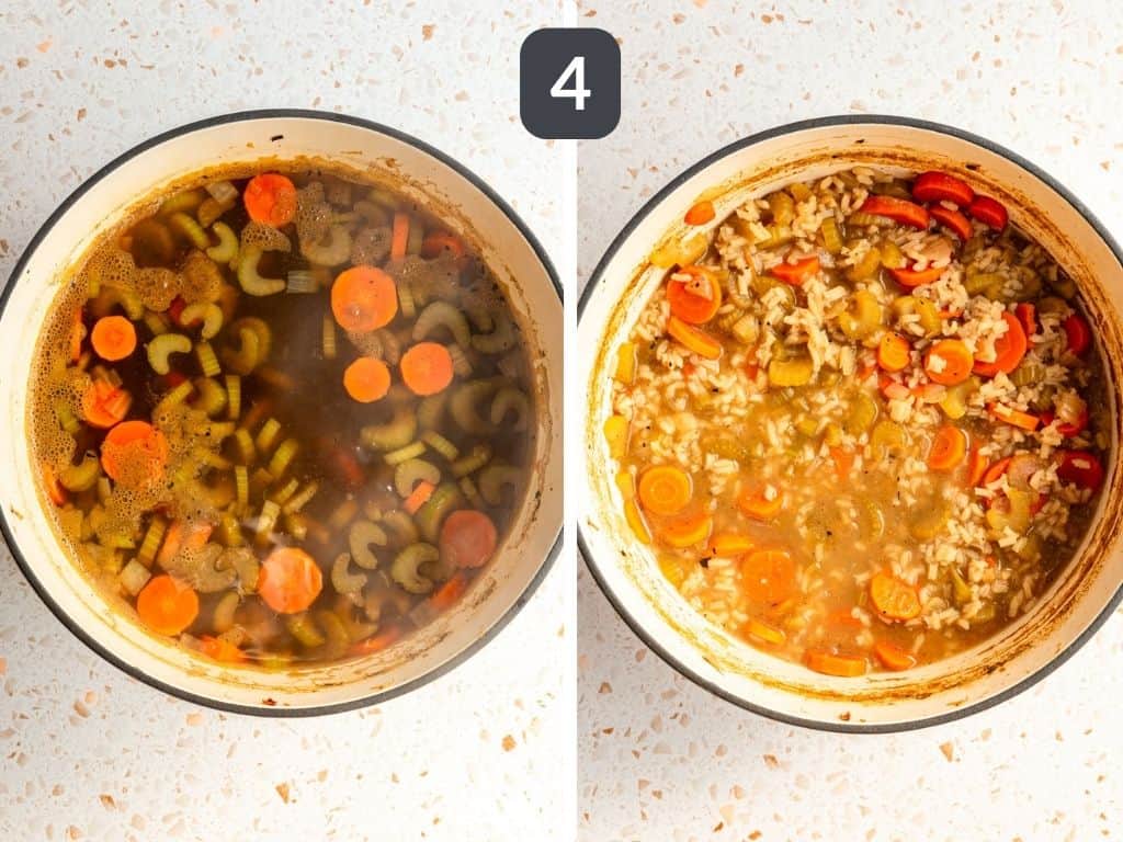 Vegan Chicken Lemon Rice Soup Step 4 - add the rice and cook 20 minutes.