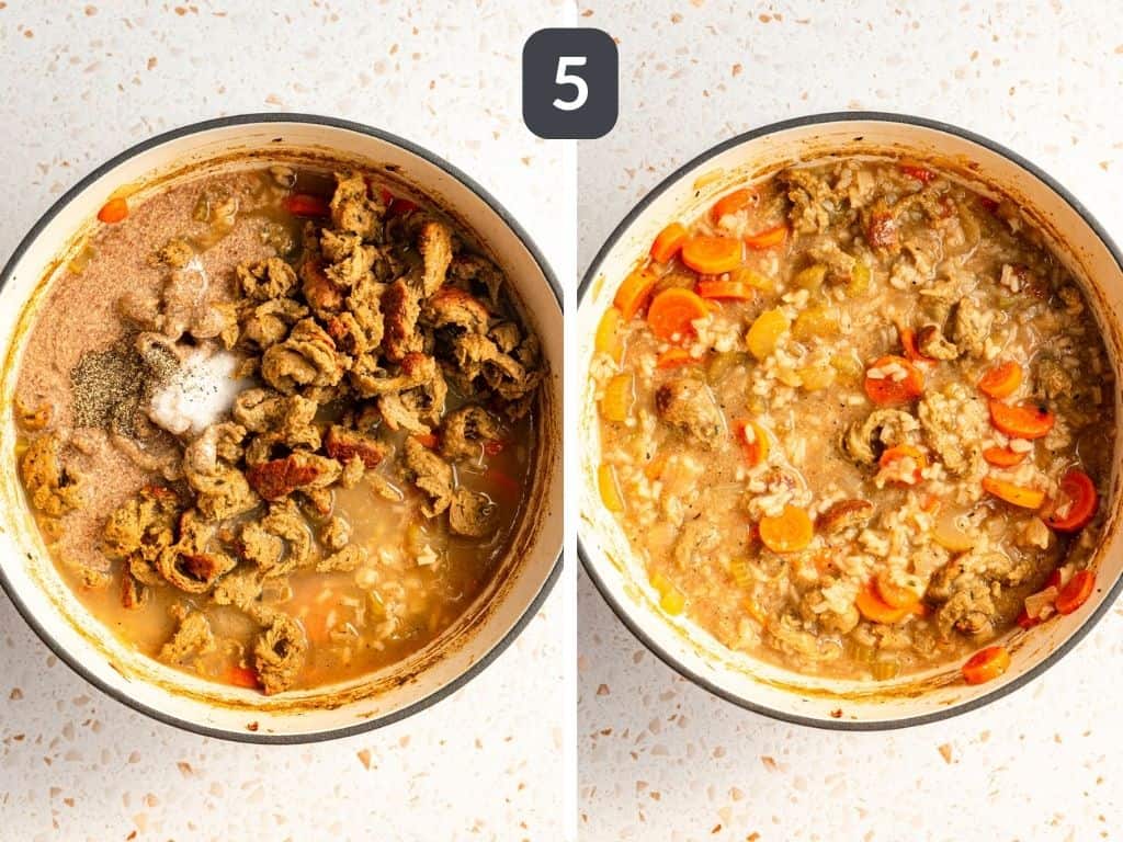 Vegan Chicken Lemon Rice Soup Step 5 - add the seitan chicken, lemon juice, flax egg, salt and pepper.