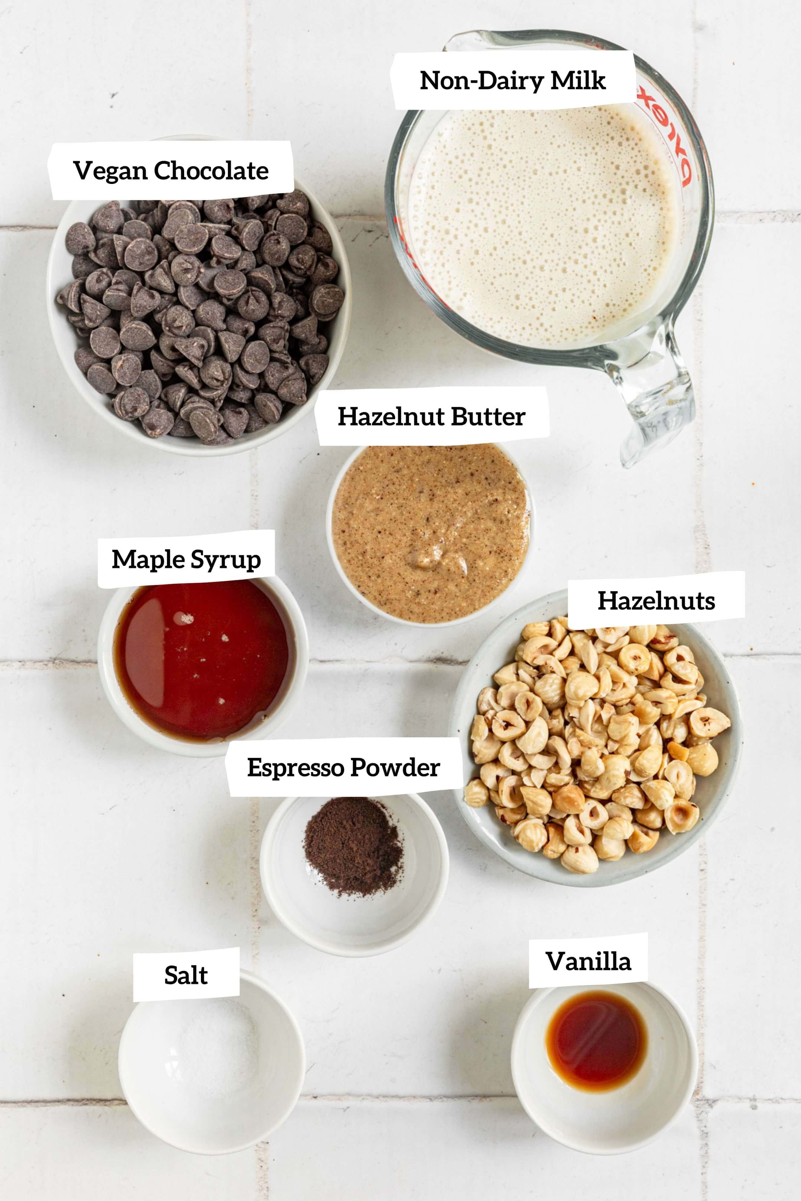 Vegan Chocolate Hazelnut Tart filling ingredients.