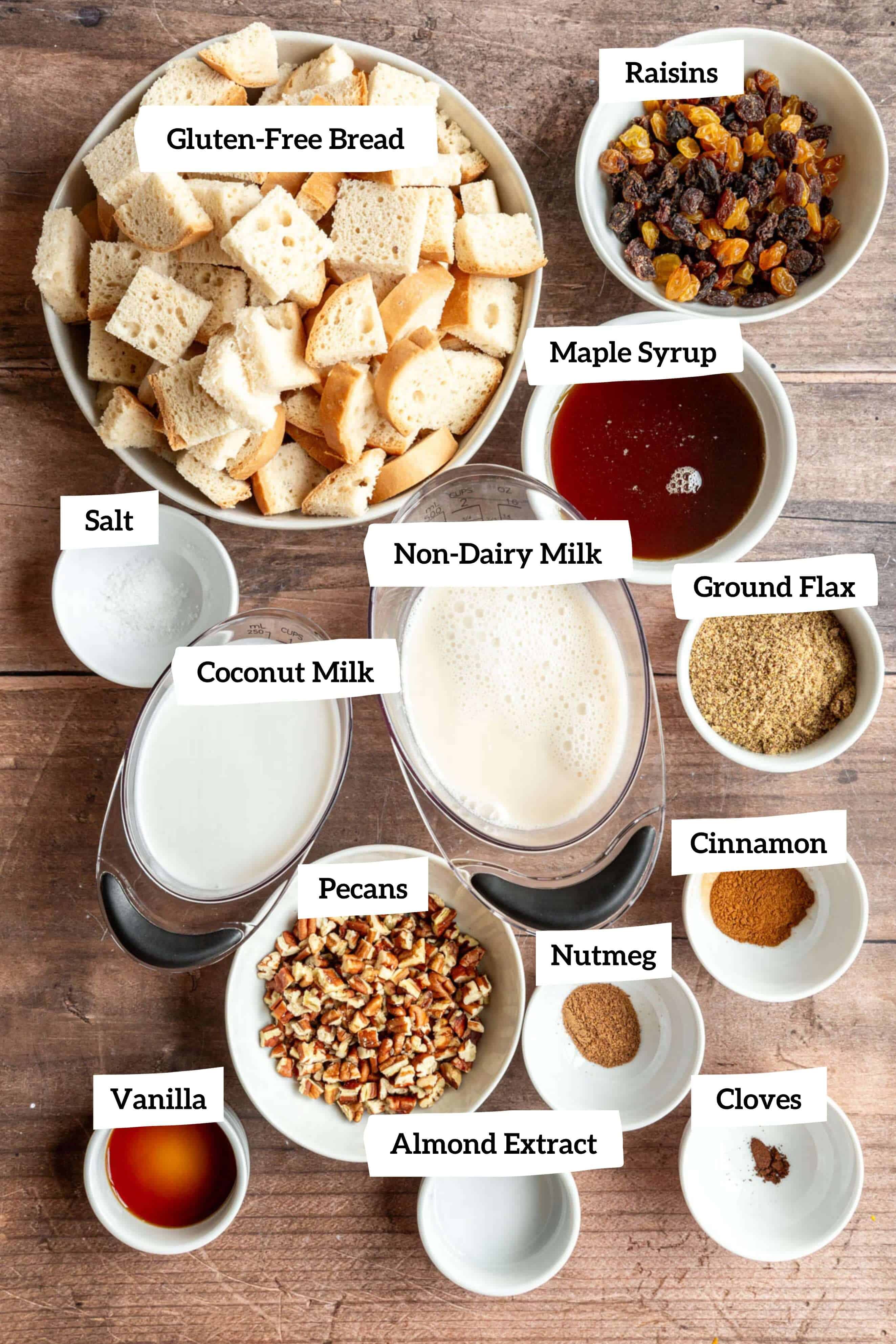 Vegan Gluten Free Bread Pudding ingredients.