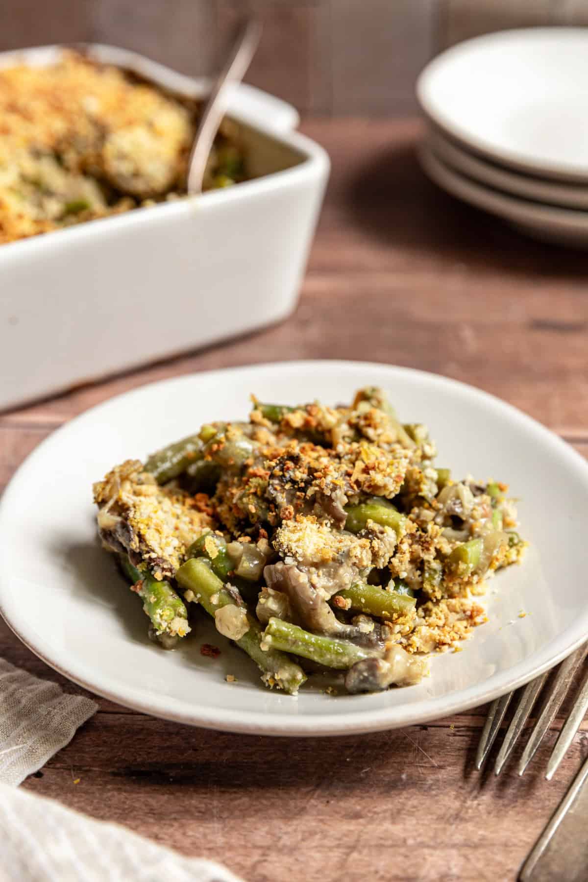 Vegan Gluten Free Green Bean Casserole served on a plate.