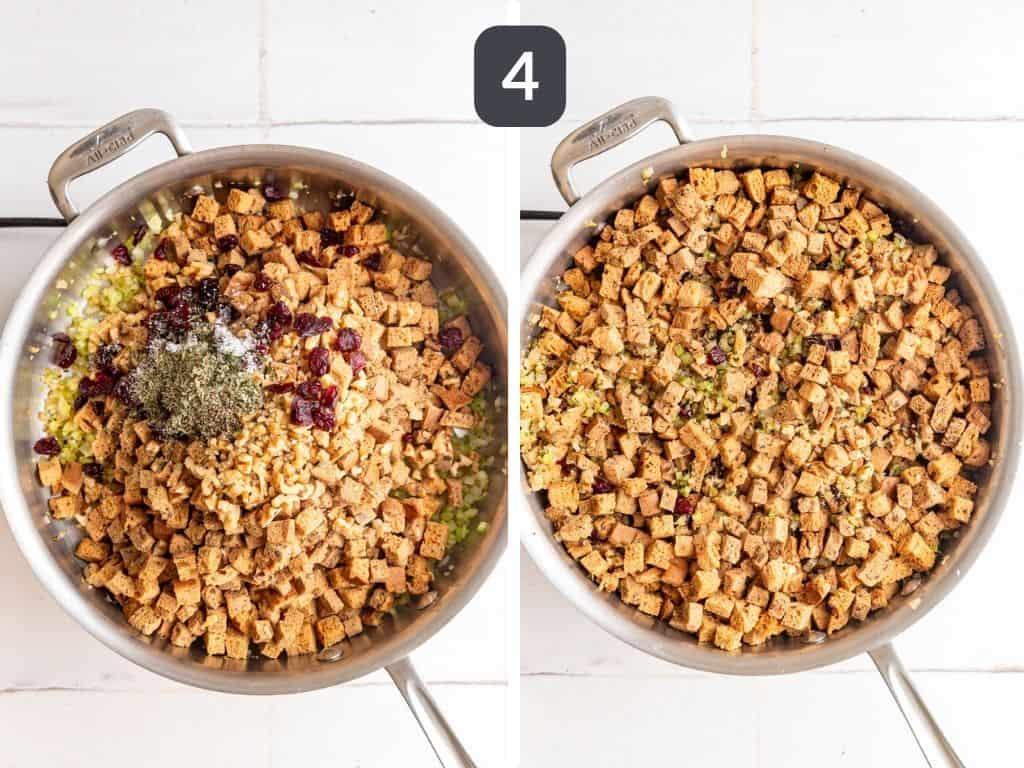 Vegan Gluten Free Stuffing Step 4 - add the bread and remaining ingredients to the pan.