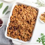 A freshly baked Vegan Gluten Free Stuffing in a casserole dish.