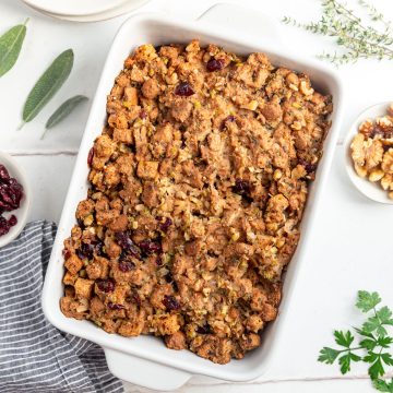 A freshly baked Vegan Gluten Free Stuffing in a casserole dish.