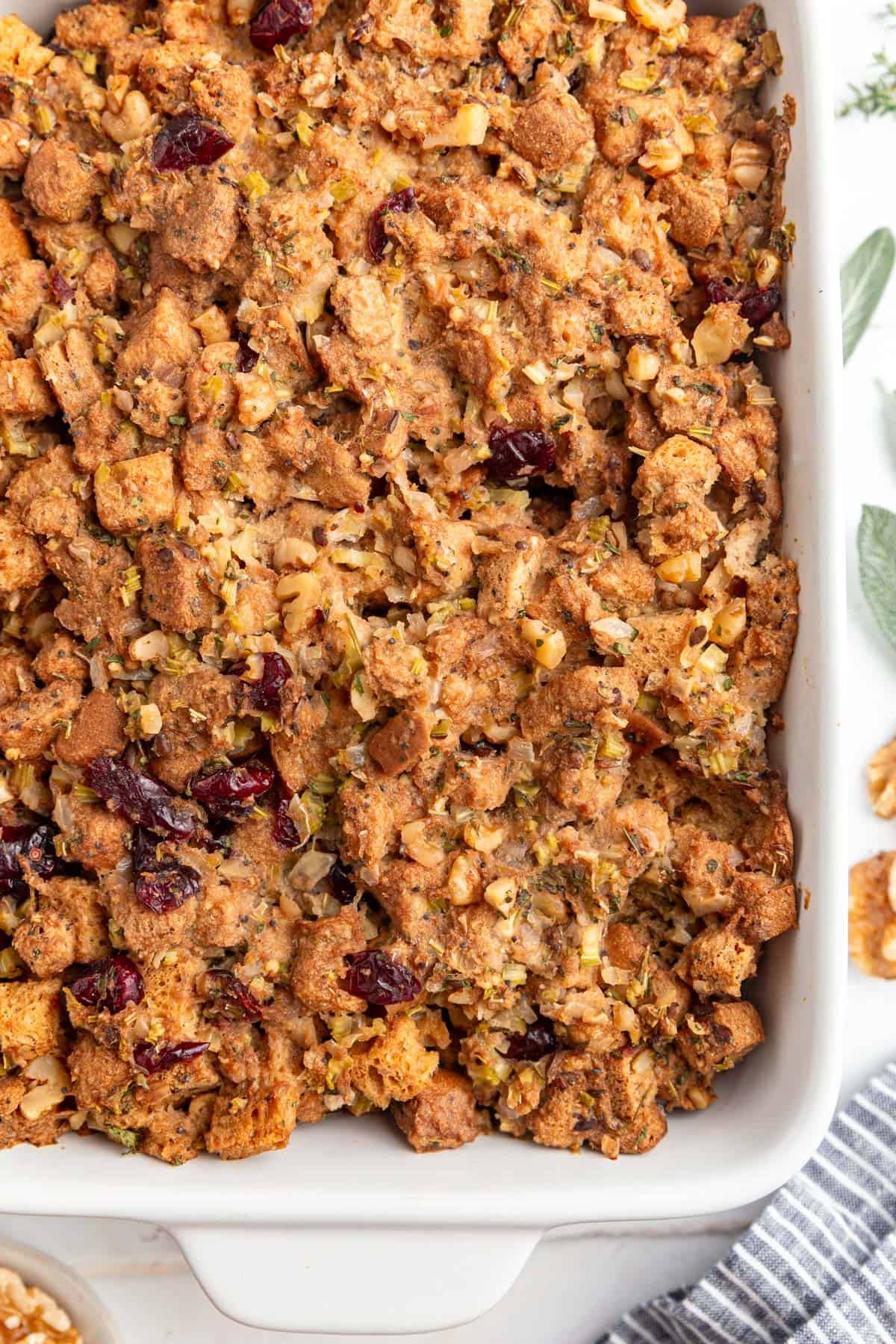 A dish of Vegan Gluten Free Stuffing, fresh from the oven.