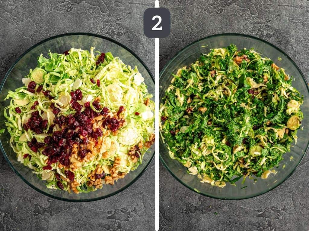 Vegan Kale Brussels Sprouts Cranberry Salad step 2 - toss all the salad ingredients with the dressing