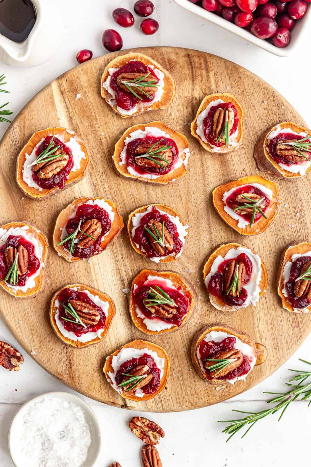 A tray of sweet potato crostini, ready to serve.