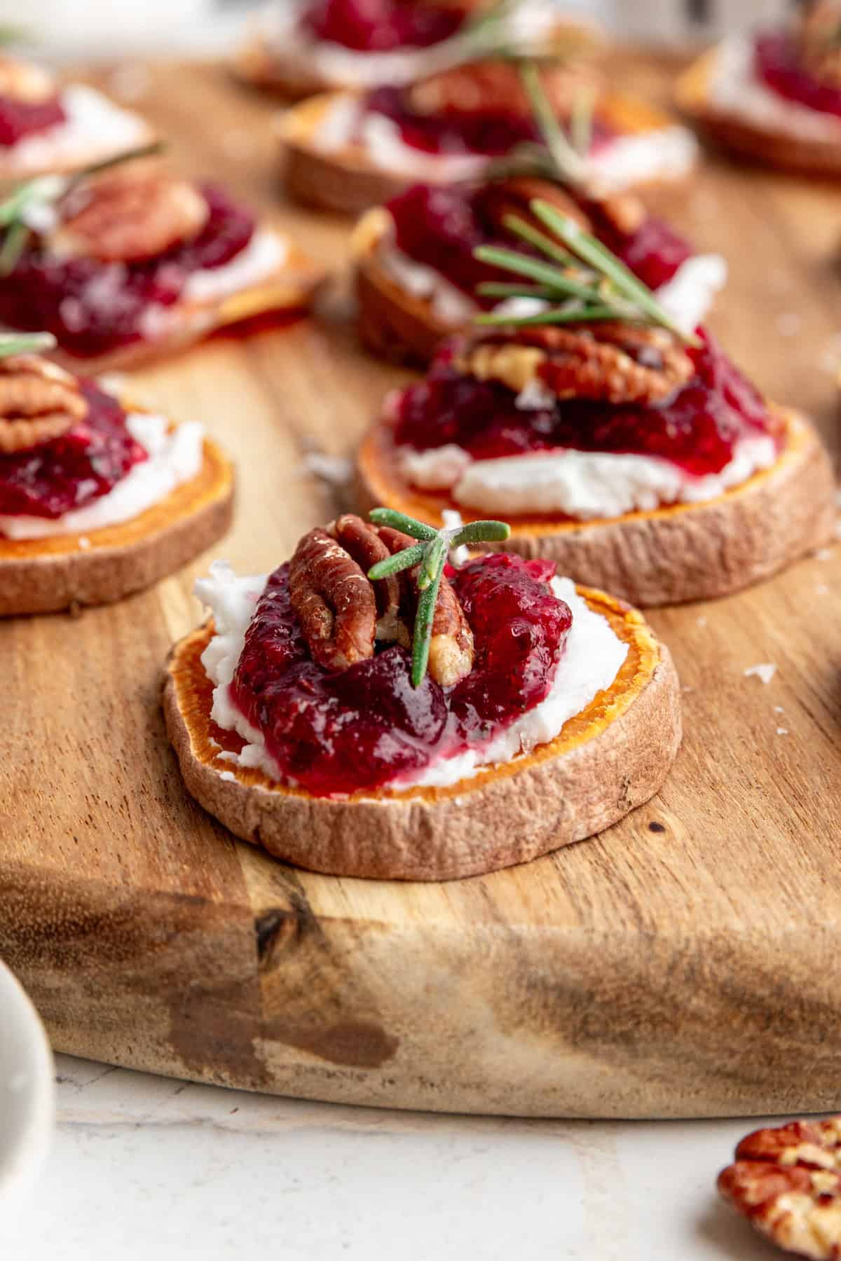 A row of sweet potato crostini.