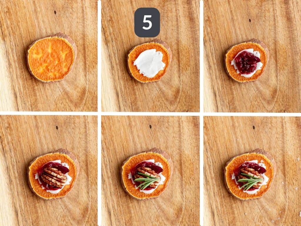 Sweet potato crostini step 5 - assemble the crostini.