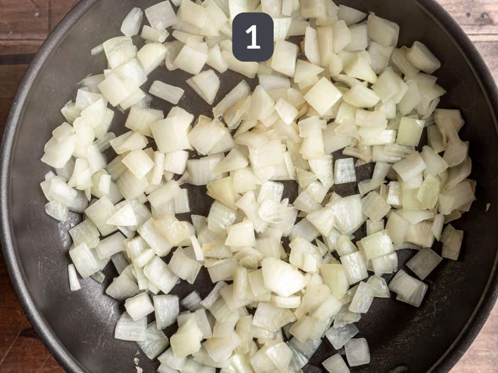 Vegan chicken curry step 1 - sauté the onion.