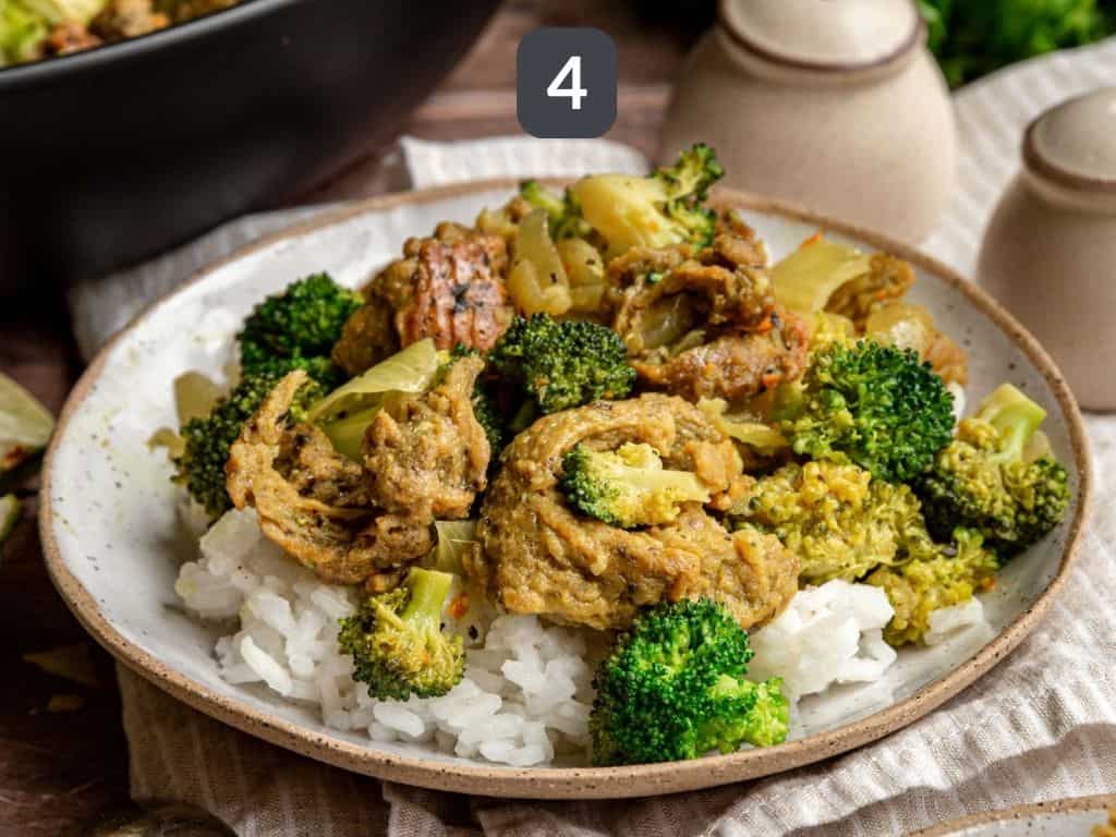 Vegan chicken curry step 4 - serve over rice.