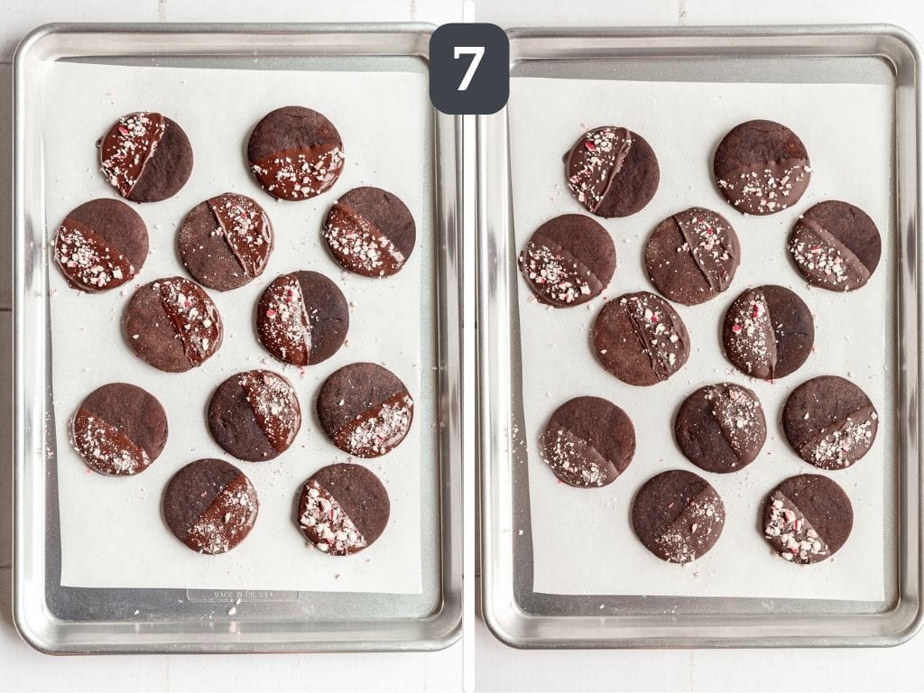 Vegan Chocolate Peppermint Cookies Step 7 - dip each cookie in chocolate, sprinkle with candy canes, then let set.