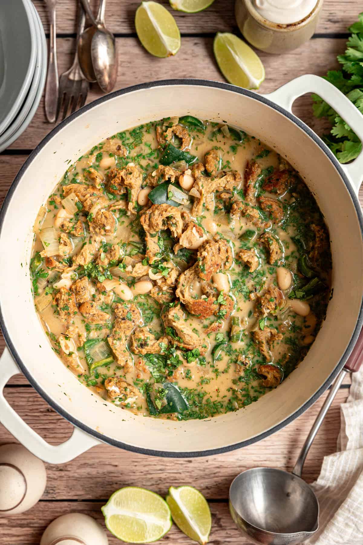 A pot of freshly cooked white chicken chili.