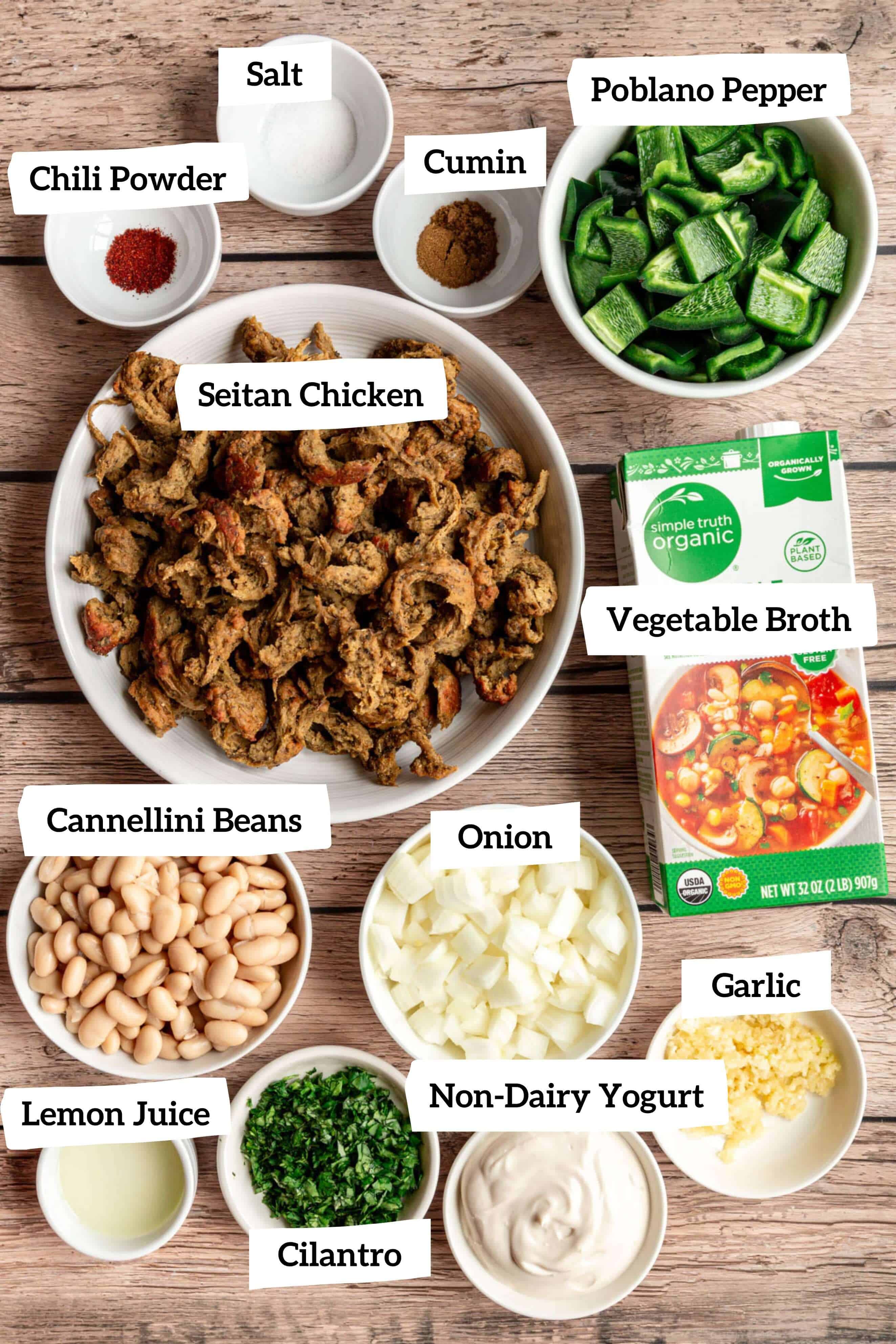Vegan white chicken chili ingredients.