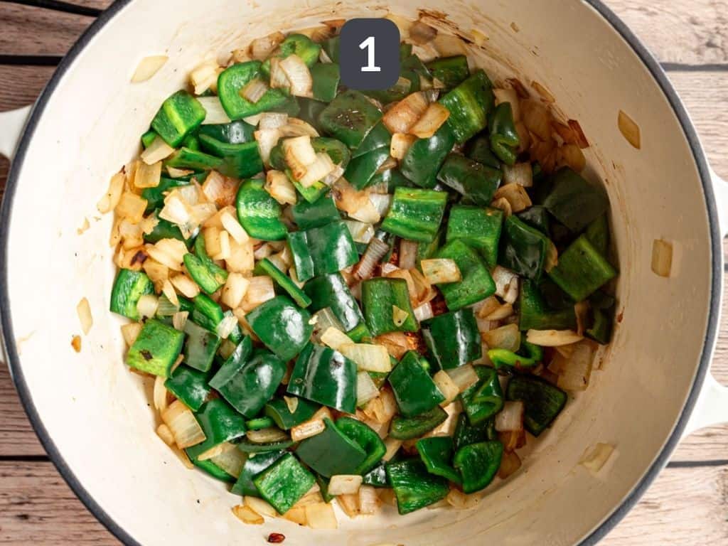 Vegan white chicken chili step 1 - sauté the peppers and onion.