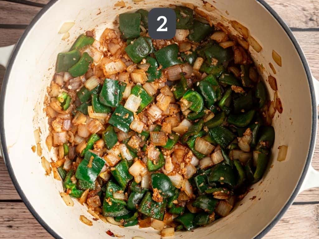 Vegan white chicken chili step 2 - add the spices and cook.