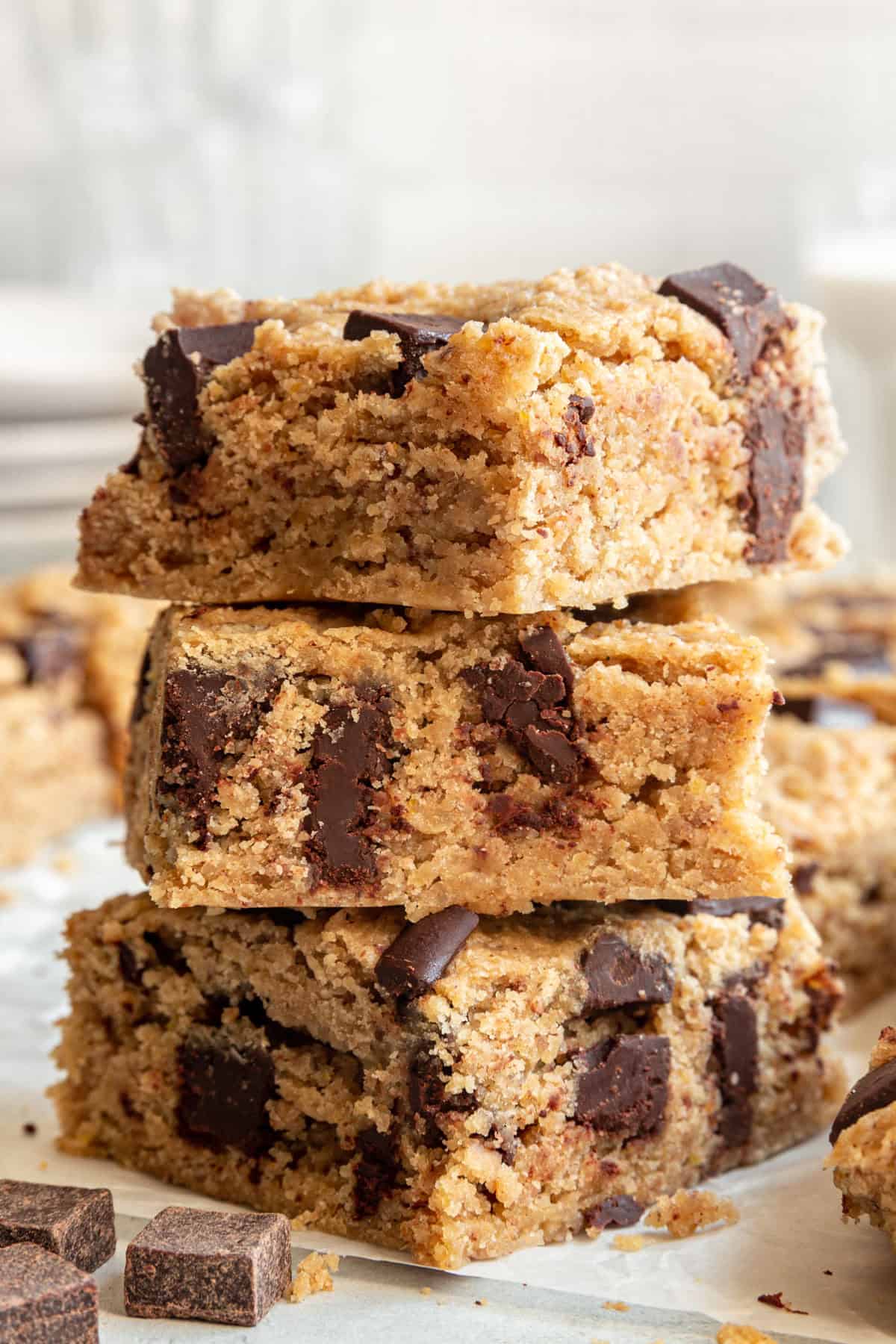 A stack of Healthy Vegan Chocolate Chip Chickpea Blondies