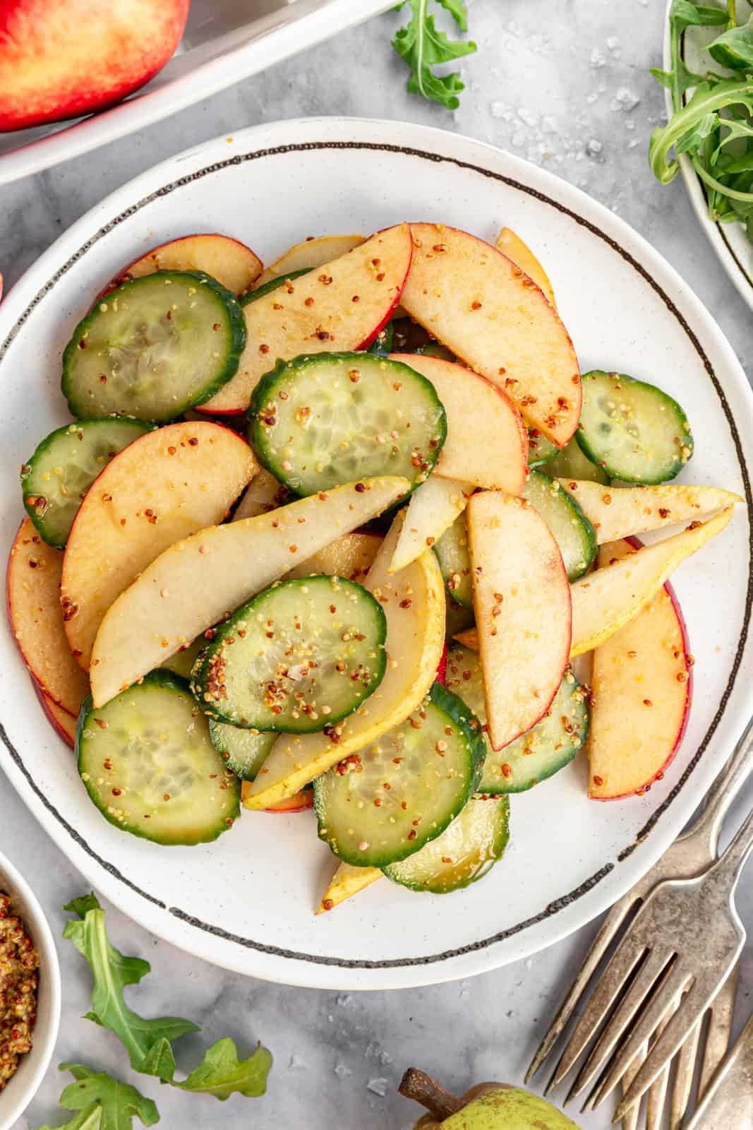 Apple Pear Cucumber Salad plated alone, without arugula.