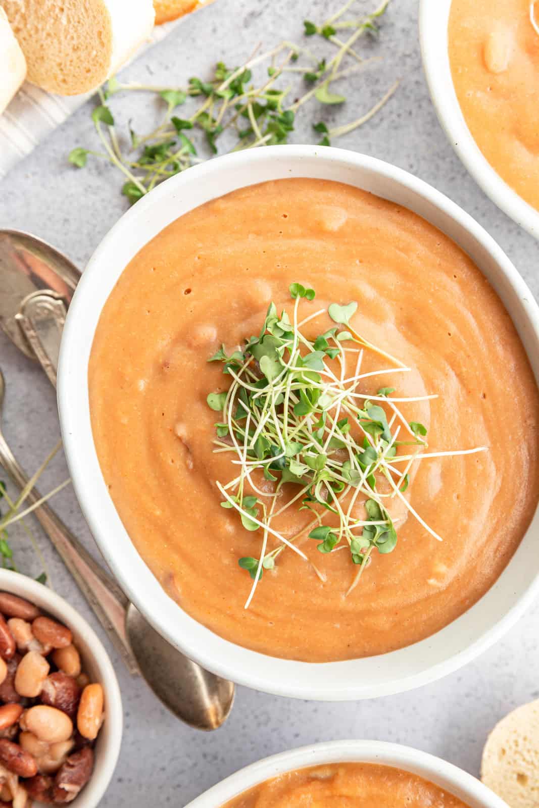 A bowl of Easy Vegan Pinto Bean Soup garnished with microgreens.