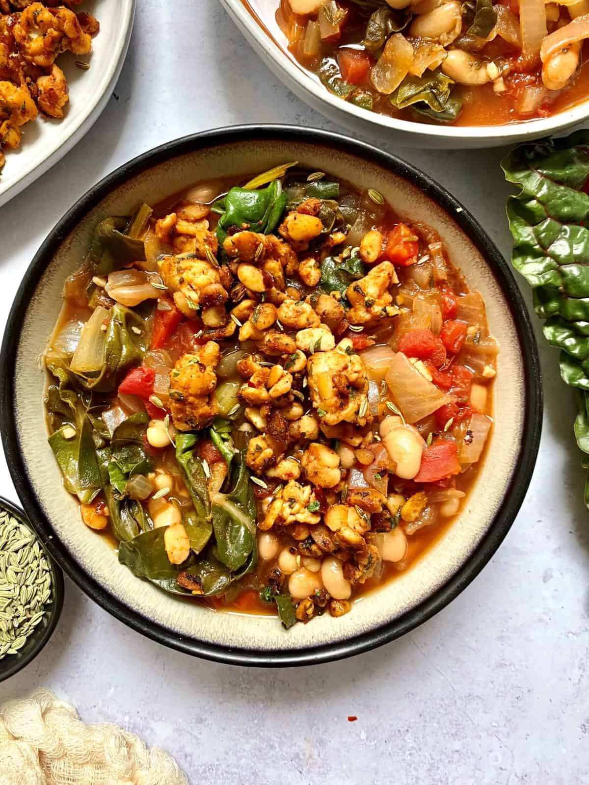 White Beans and Rainbow Chard with Italian Tempeh Sausage