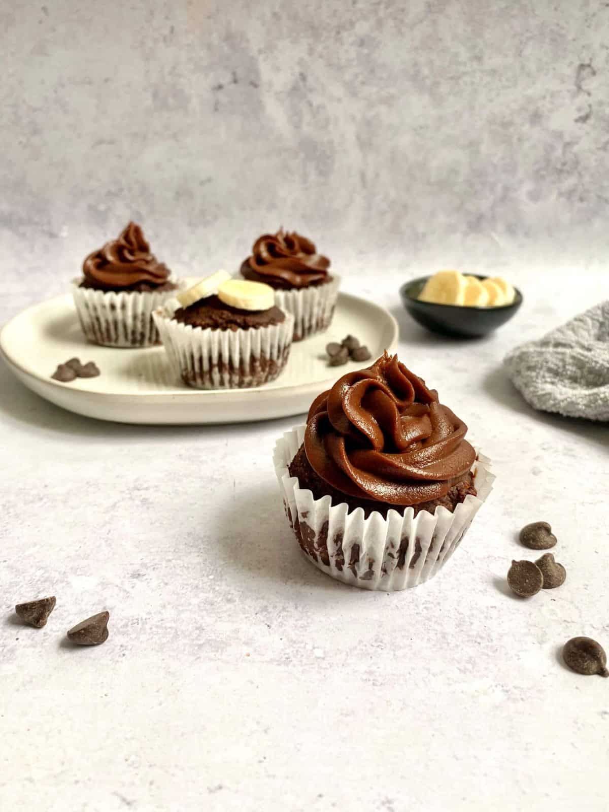 Plant-Based Chocolate Chip Muffins with Chocolate Frosting