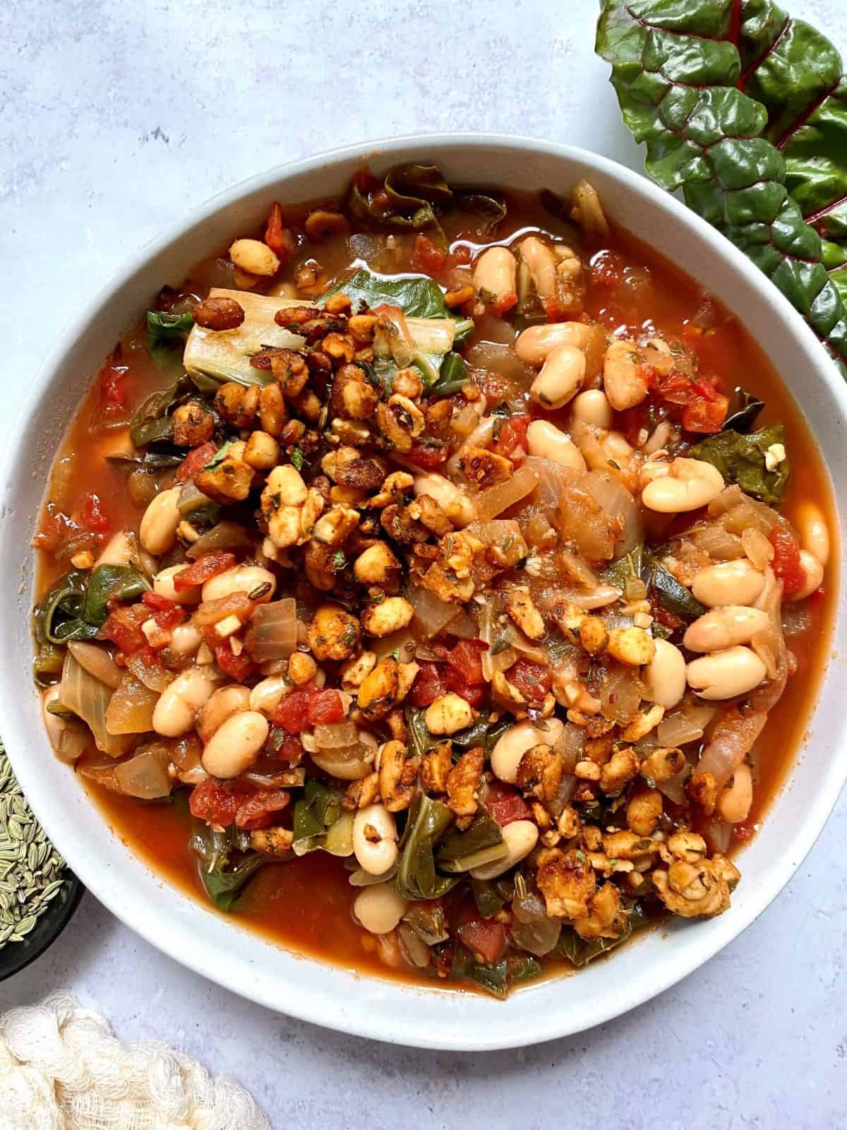 White Beans and Rainbow Chard with Italian Tempeh Sausage
