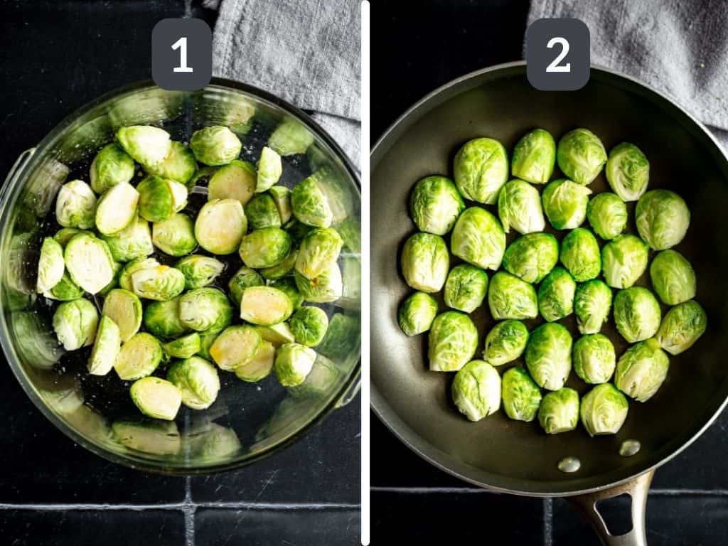 Oil-Free Skillet-Fried Brussels Sprouts Steps 1 & 2