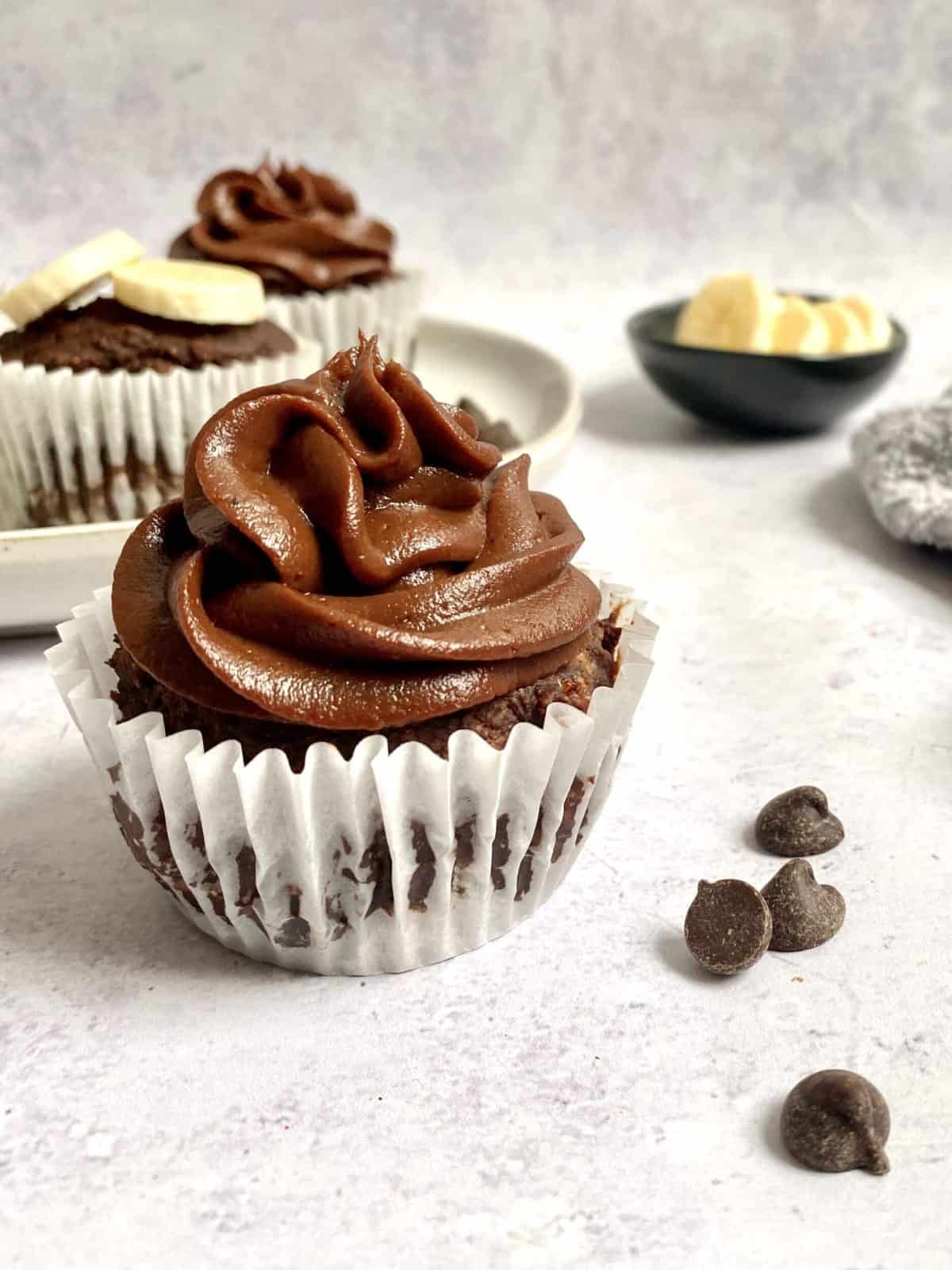 Plant-Based Chocolate Chip Muffins with Chocolate Frosting