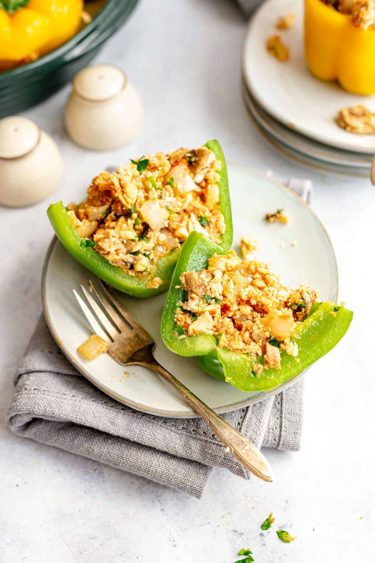 Plant-Based Stuffed Peppers cut in half