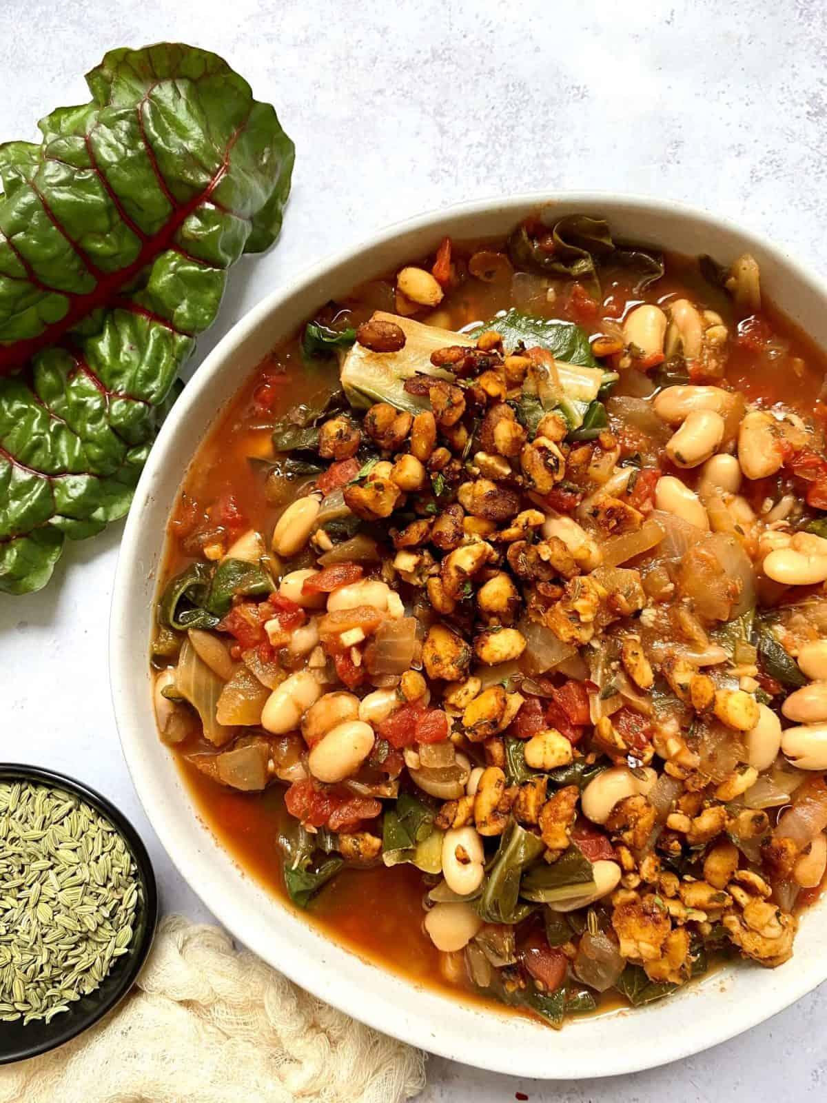 White Beans and Rainbow Chard with Italian Tempeh Sausage