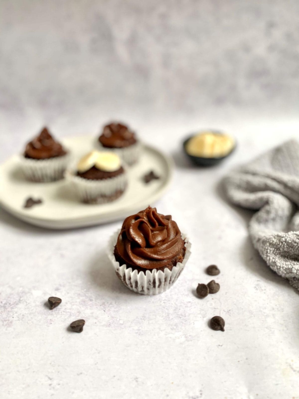 Plant-Based Chocolate Chip Muffins with Chocolate Frosting