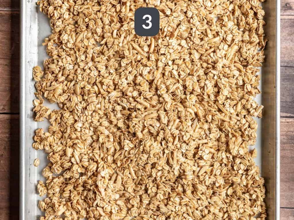 Vanilla Almond Granola Step 3 - spread on prepared pan.