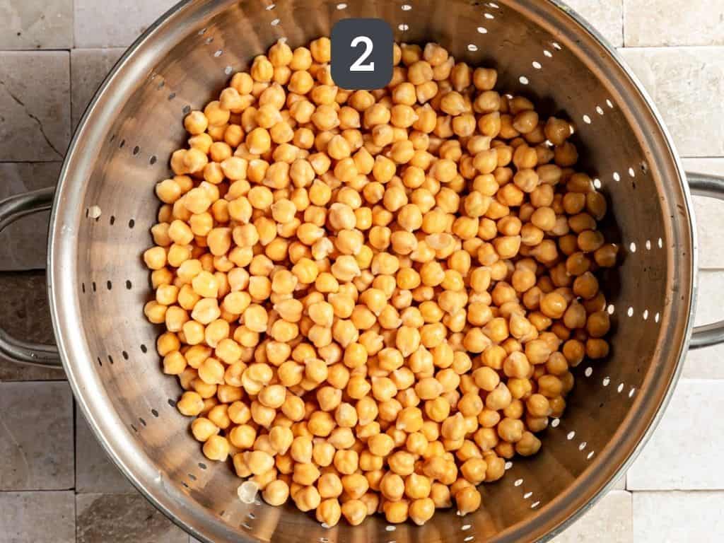 Vegan Oil-Free Falafel Step 2 - drain the chickpeas.