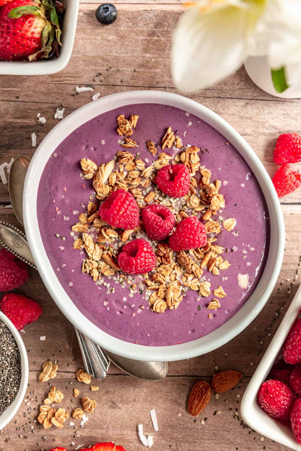 Vanilla Almond Granola served on a smoothie.