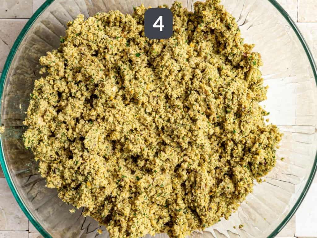 Vegan Oil-Free Falafel Step 4 - transfer to a bowl and refrigerate.
