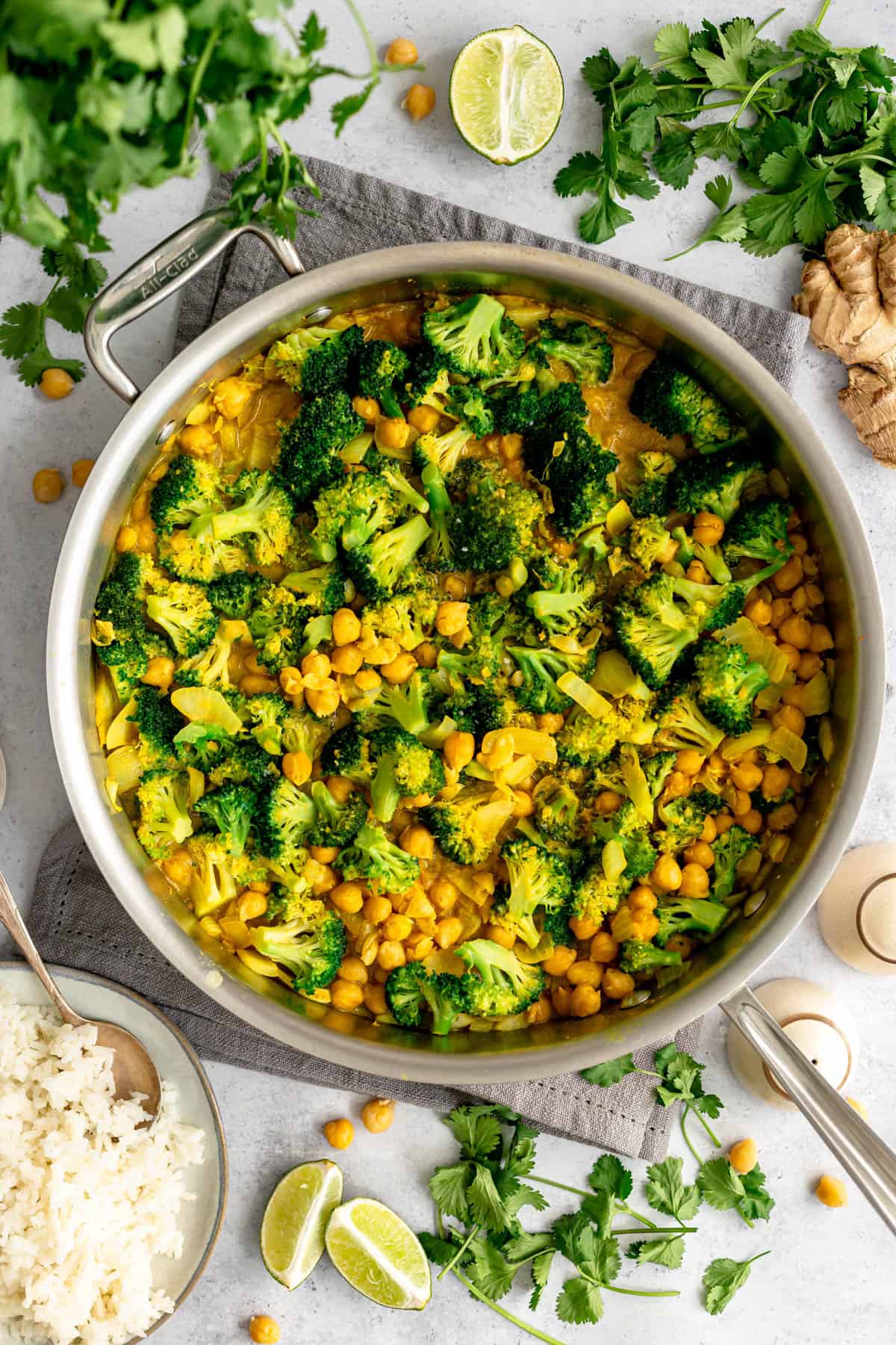 A skillet of broccoli chickpea curry.