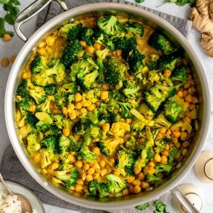 A skillet of broccoli chickpea curry.