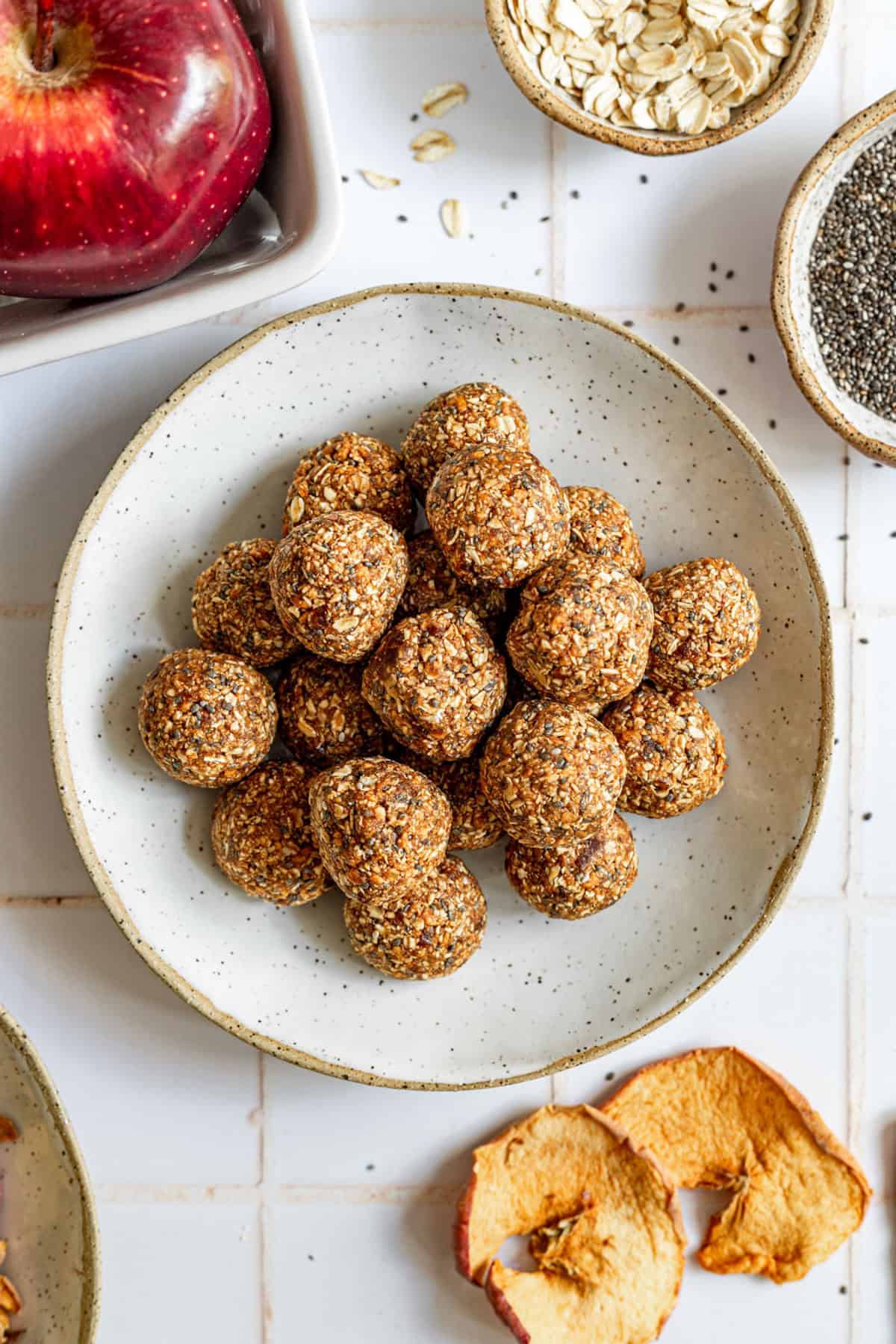 A bowl of caramel apple energy bites.