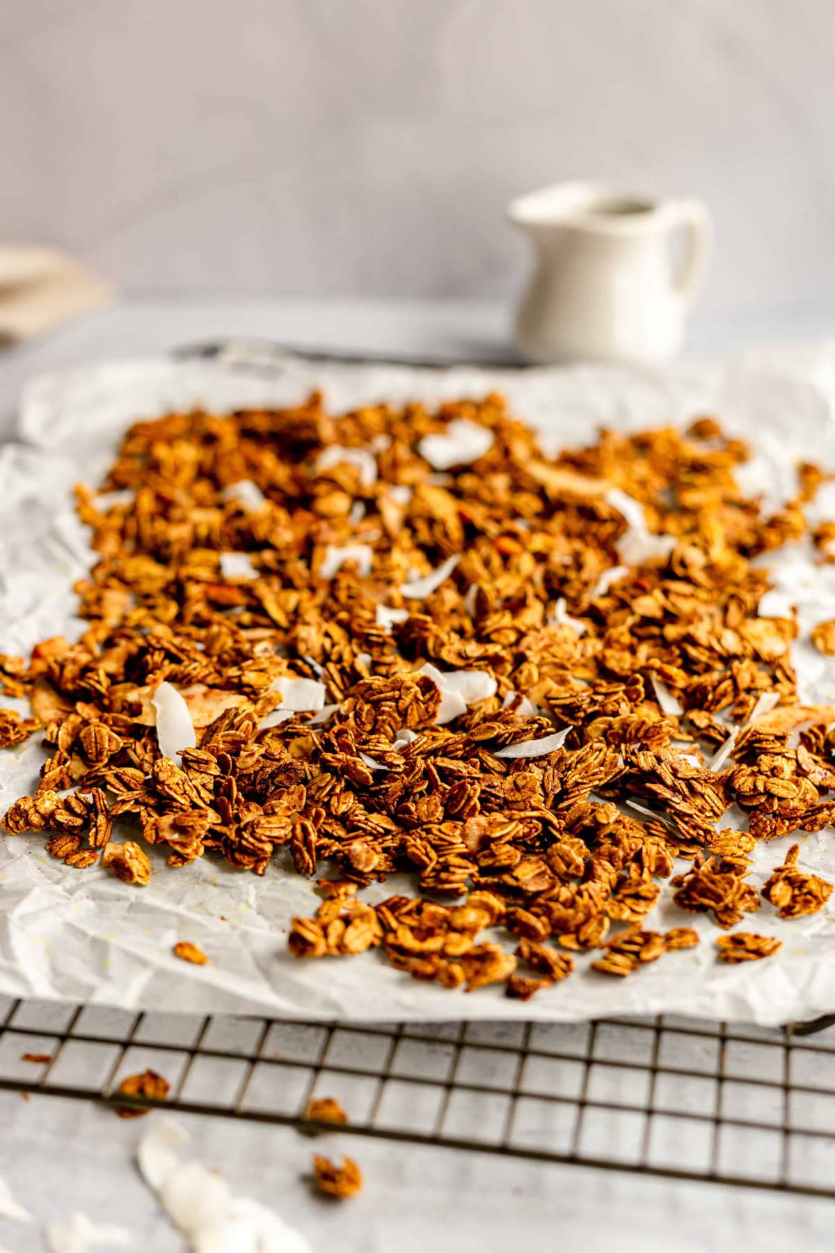 Coconut curry granola cooling on a rack.