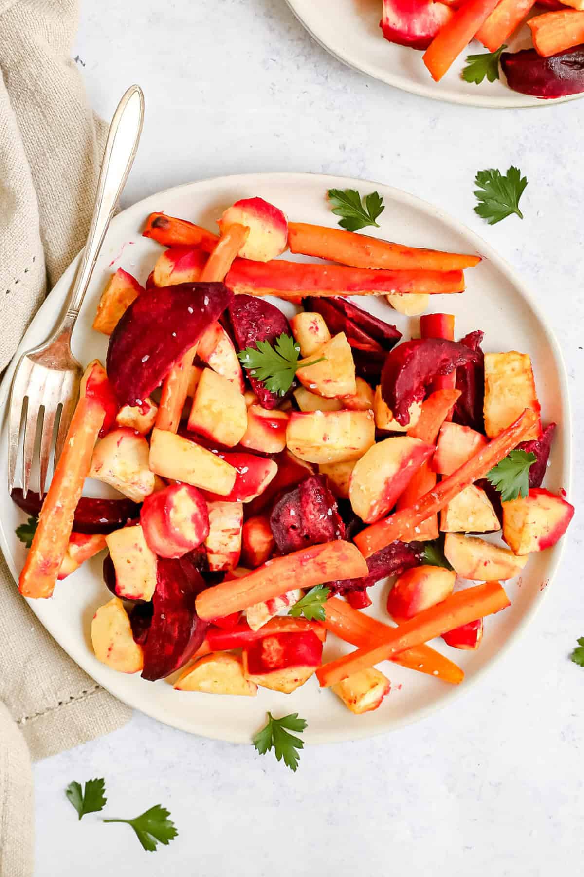 A plate of dijon roasted root vegetables.