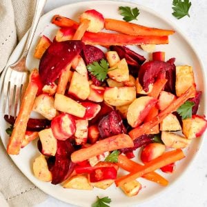 A plate of dijon roasted root vegetables.