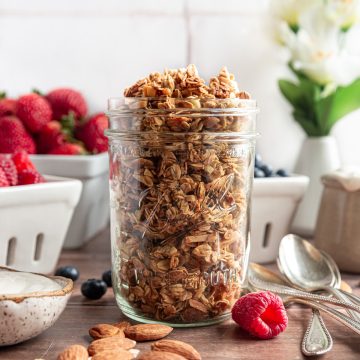 A jar of vanilla almond granola.