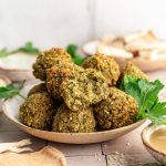 A bowl of oil-free vegan falafel.