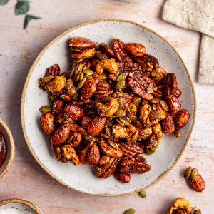A bowl of sweet and spicy nuts.