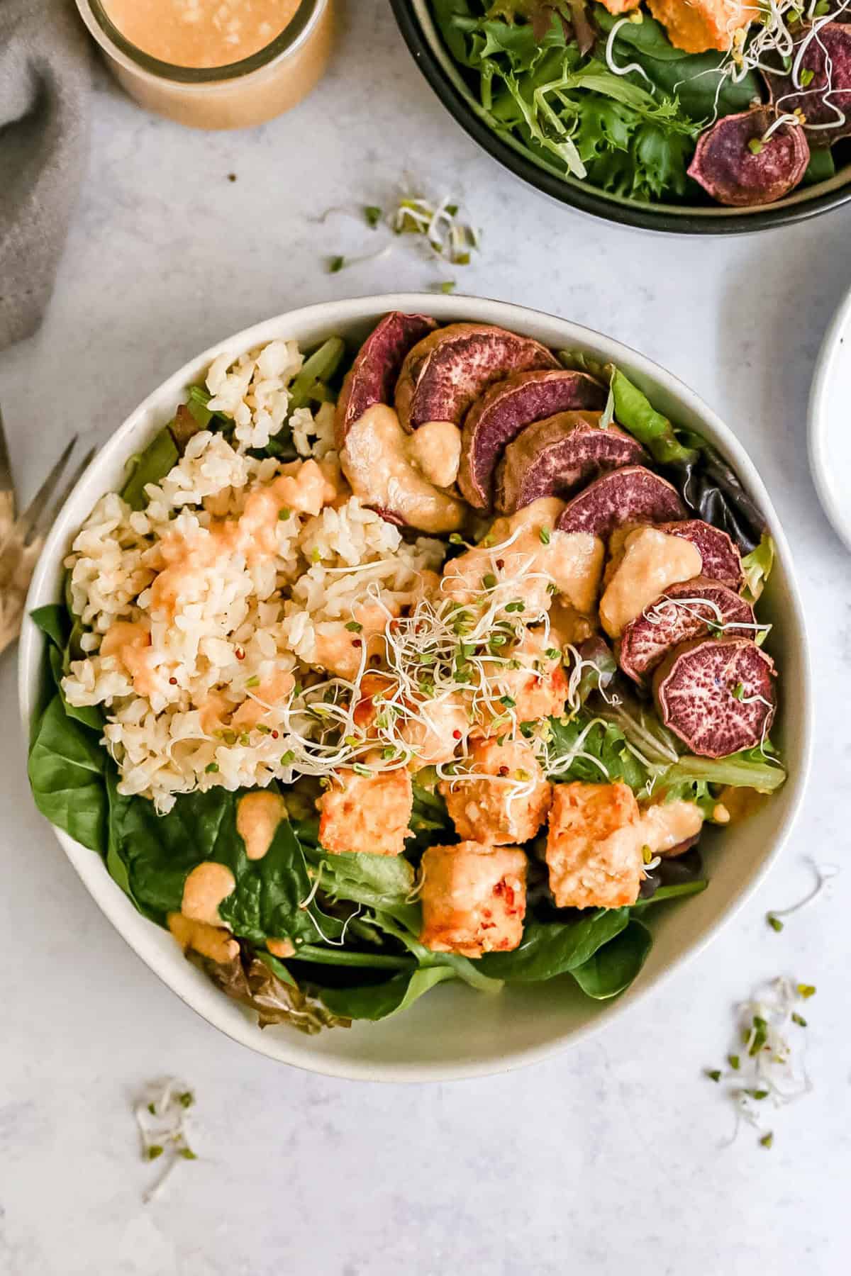 A tahini miso tempeh bowl, ready to serve.